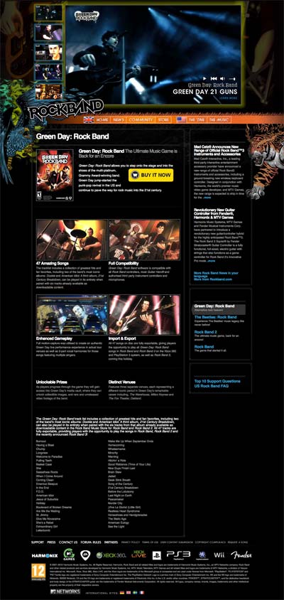 Rock Band 3 website design and Flash player
